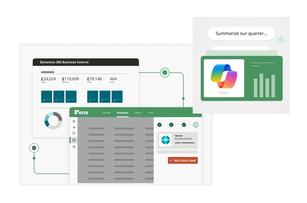 Concept of D365 Business Central working with Vena Copilot.